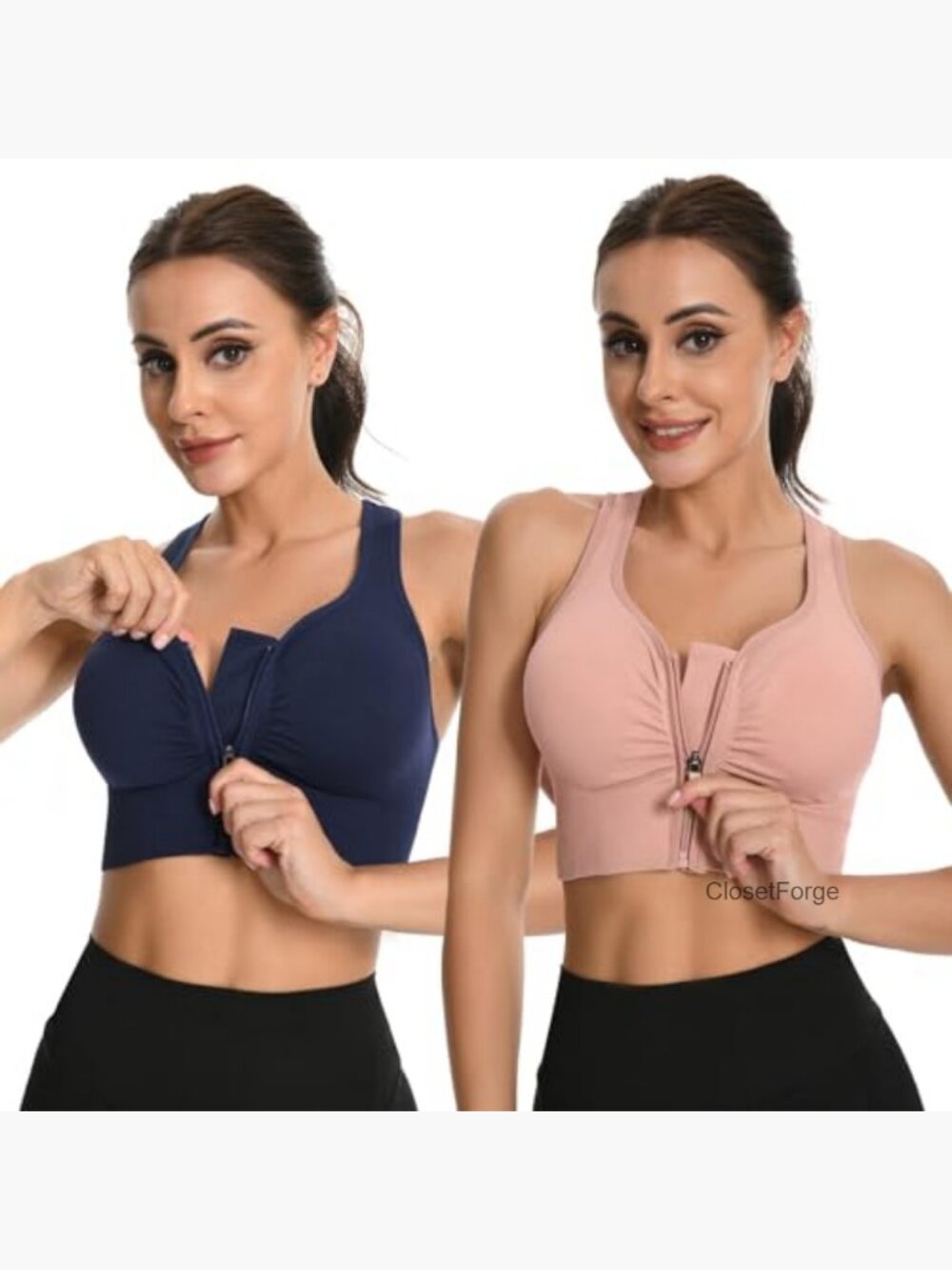 2 Pack Front Zip Sports Bras Medium Support Racerback Padded Easy On Off - Picture 3 of 7